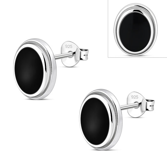 Black Onyx Oval Stud Silver Earrings