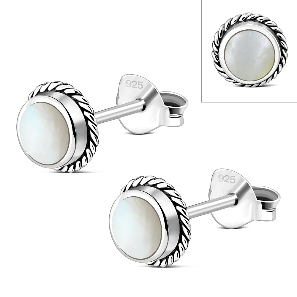Mother of Pearl Round Stud Silver Earrings