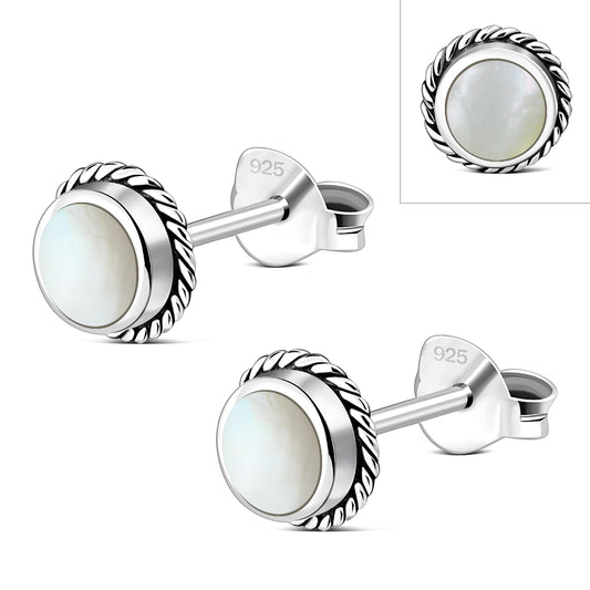 Mother of Pearl Round Stud Silver Earrings