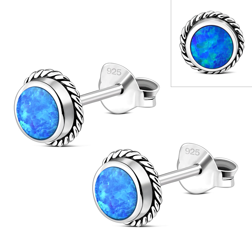 Synthetic Blue Opal Round Stud Silver Earrings
