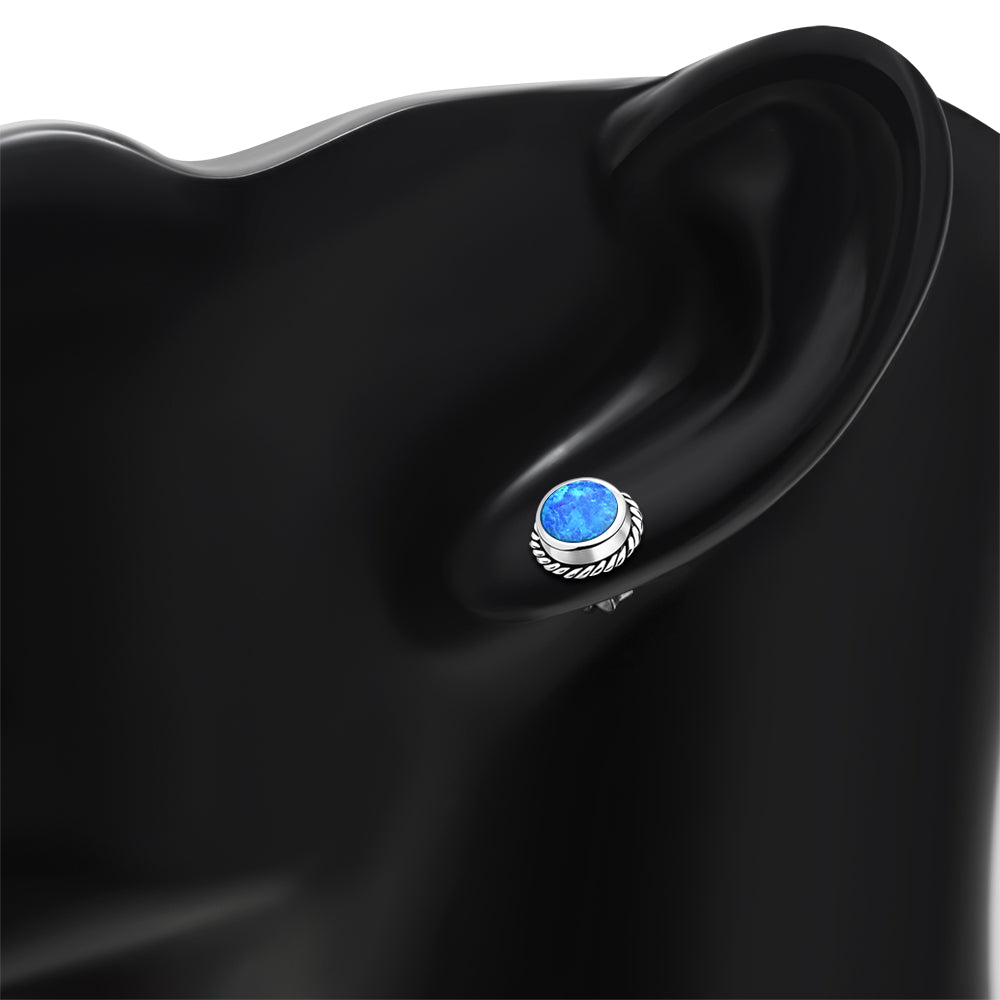 Synthetic Blue Opal Round Stud Silver Earrings