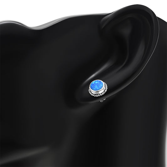 Synthetic Blue Opal Round Stud Silver Earrings
