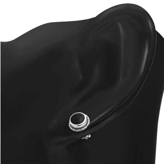 Black Onyx Round Stud Silver Earrings
