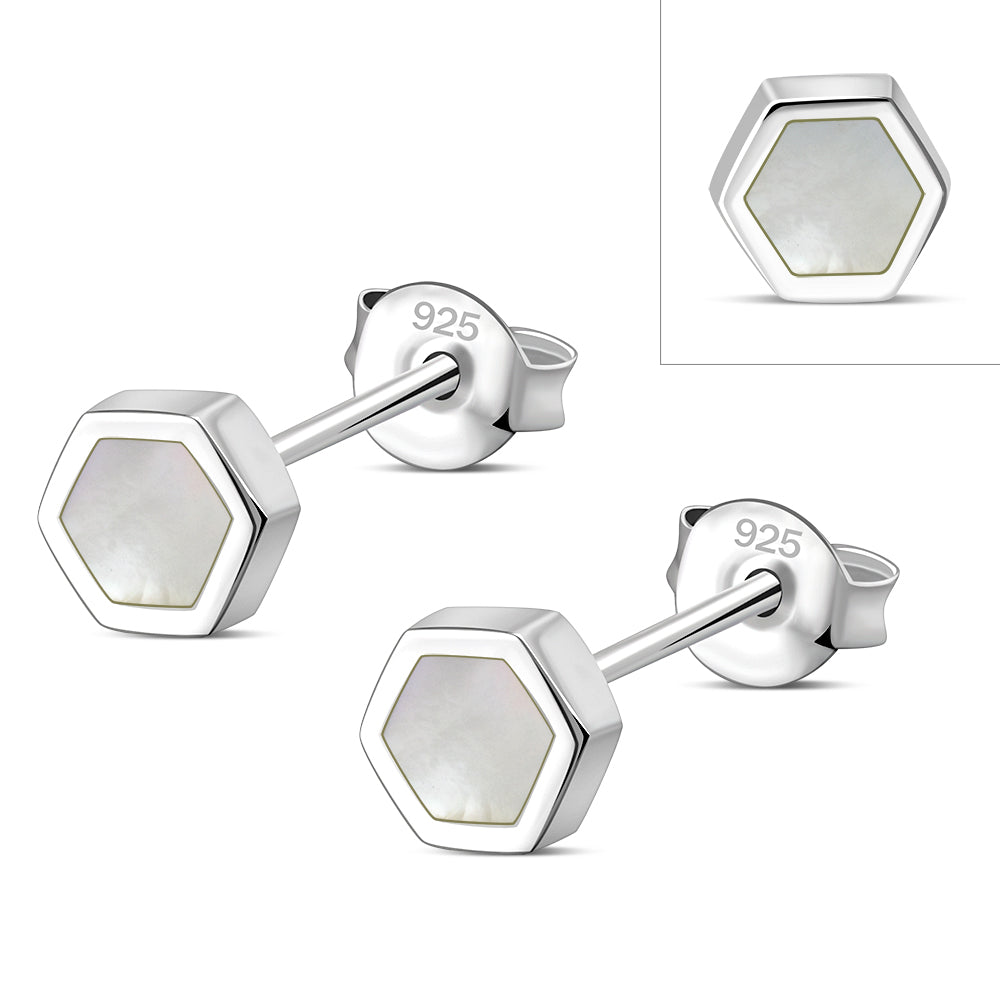 Mother of Pearl Hexagon Silver Stud Earrings