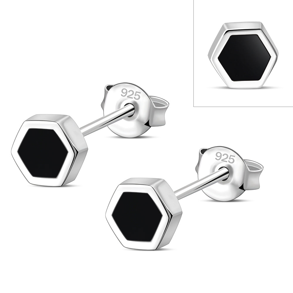 Black Onyx Hexagon Silver Stud Earrings