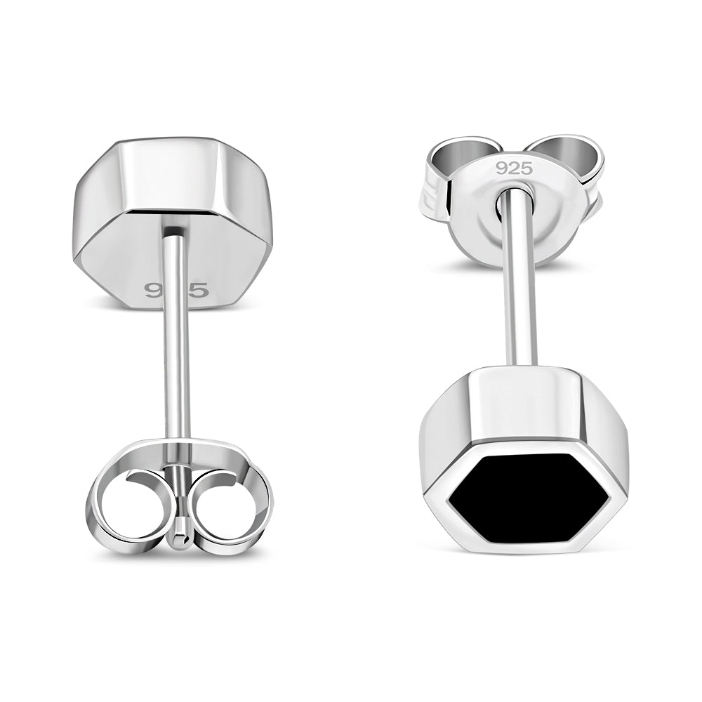 Black Onyx Hexagon Silver Stud Earrings