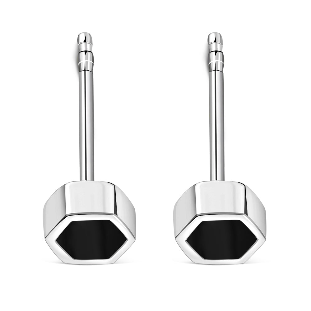 Black Onyx Hexagon Silver Stud Earrings