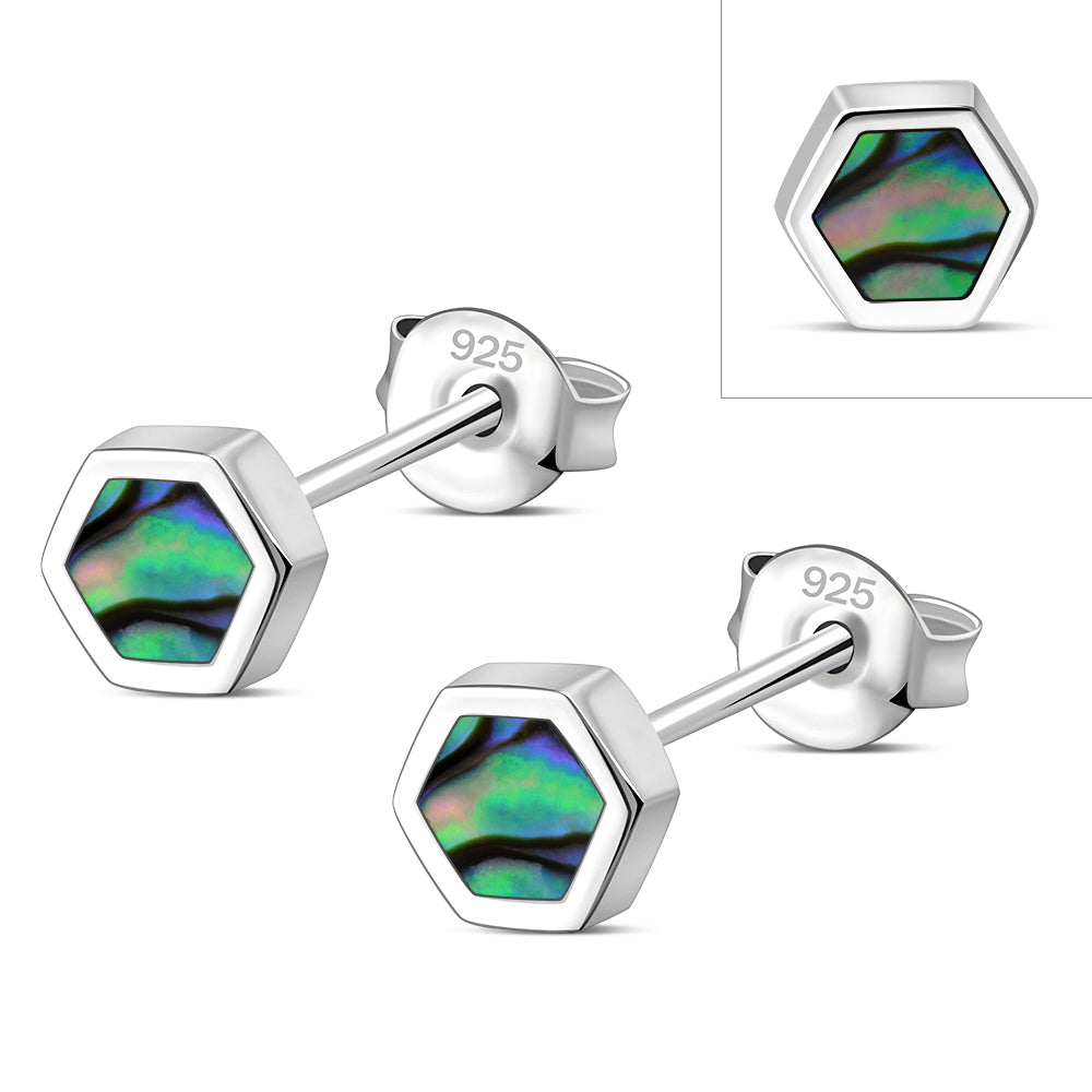 Abalone Shell Hexagon Silver Stud Earrings