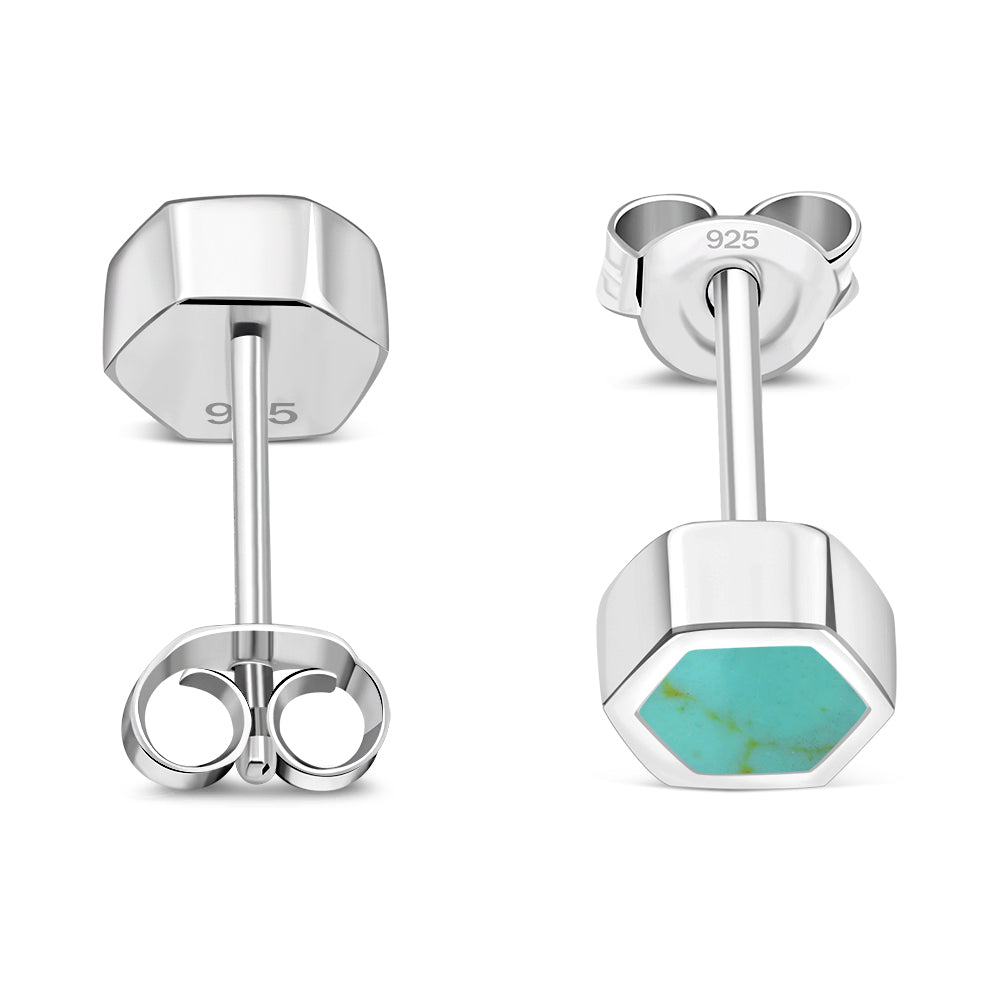 Reconstituted Turquoise Hexagon Silver Stud Earrings