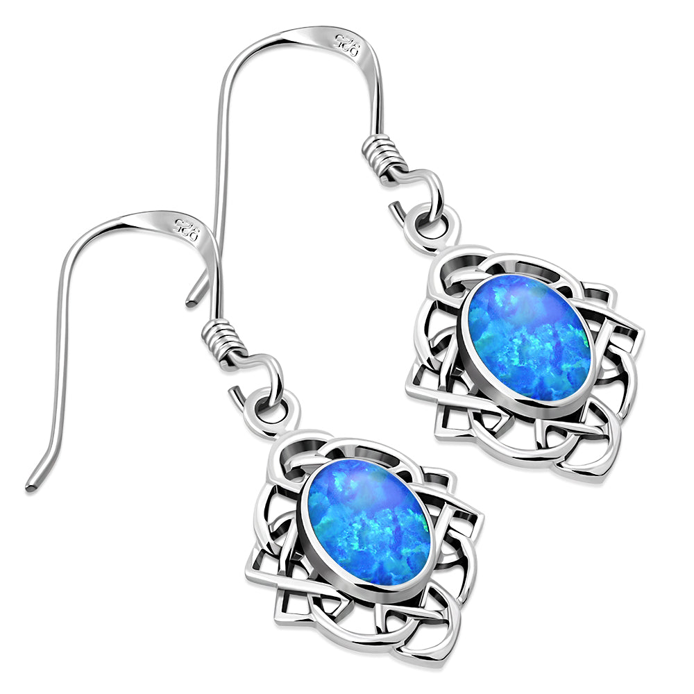 Synthetic Blue Opal Celtic Knot Oval Silver Earrings
