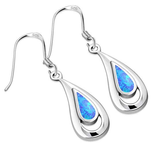 Synthetic Azure Blue Opal Drop Sterling Silver Earrings