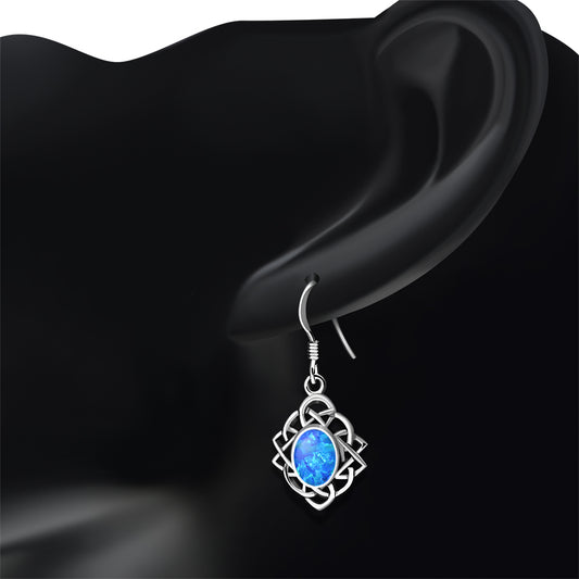 Synthetic Blue Opal Celtic Knot Oval Silver Earrings