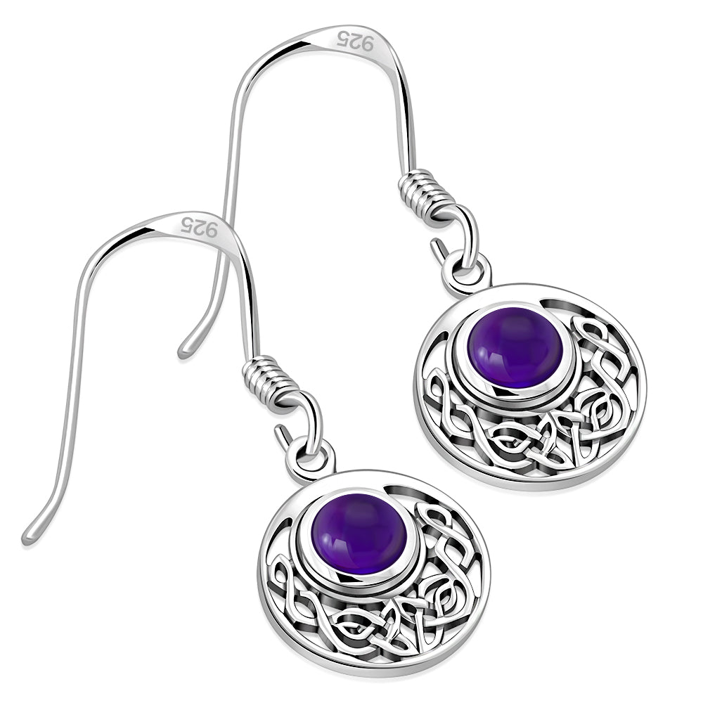 Amethyst Stone Round Celtic Knot Silver Earrings