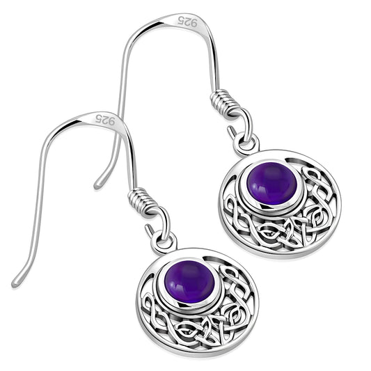 Amethyst Stone Round Celtic Knot Silver Earrings