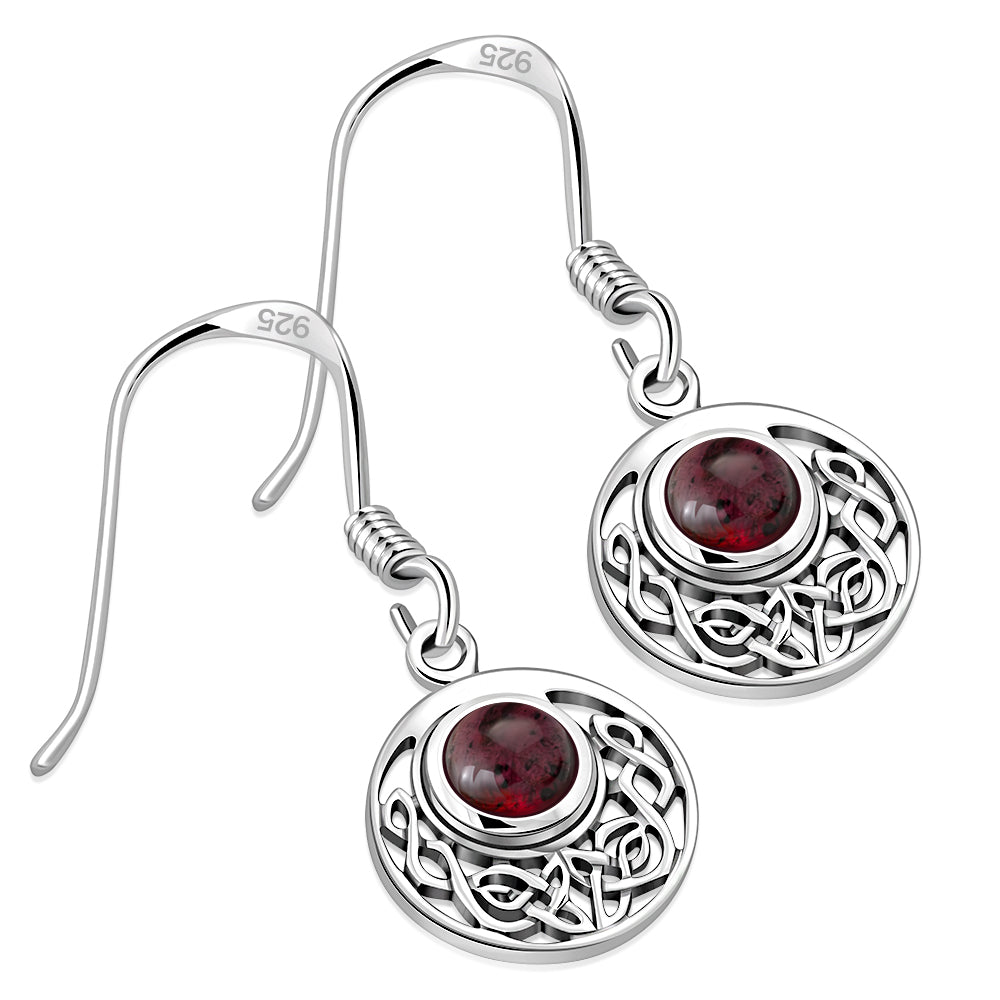 Garnet Round Celtic Knot Silver Earrings