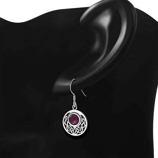 Garnet Round Celtic Knot Silver Earrings