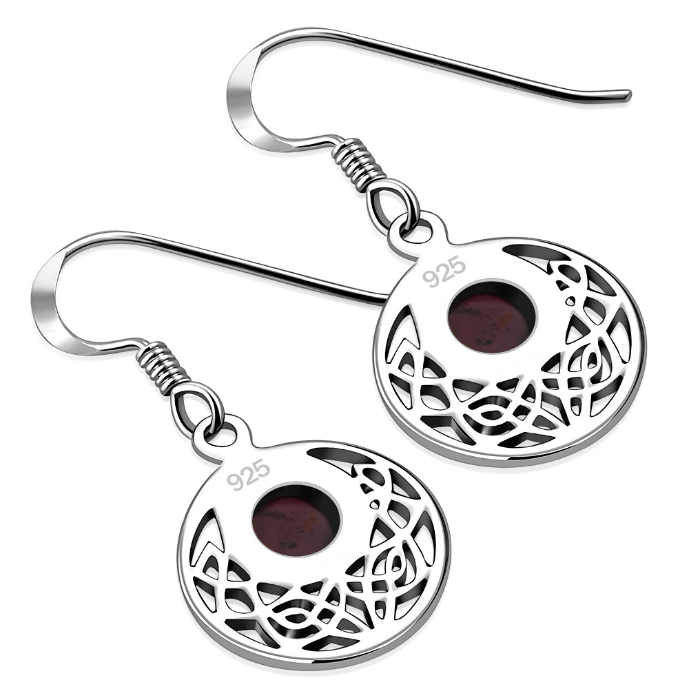 Garnet Round Celtic Knot Silver Earrings