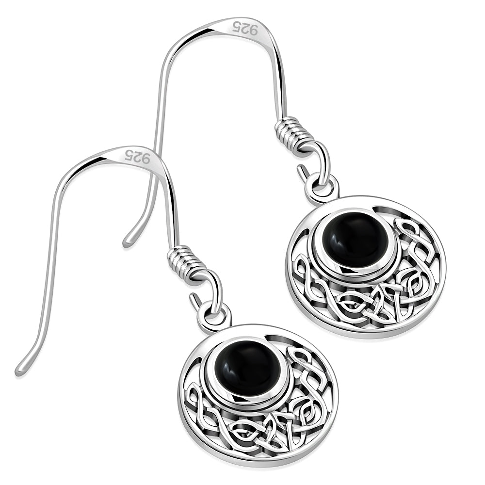 Black Onyx Round Celtic Knot Silver Earrings