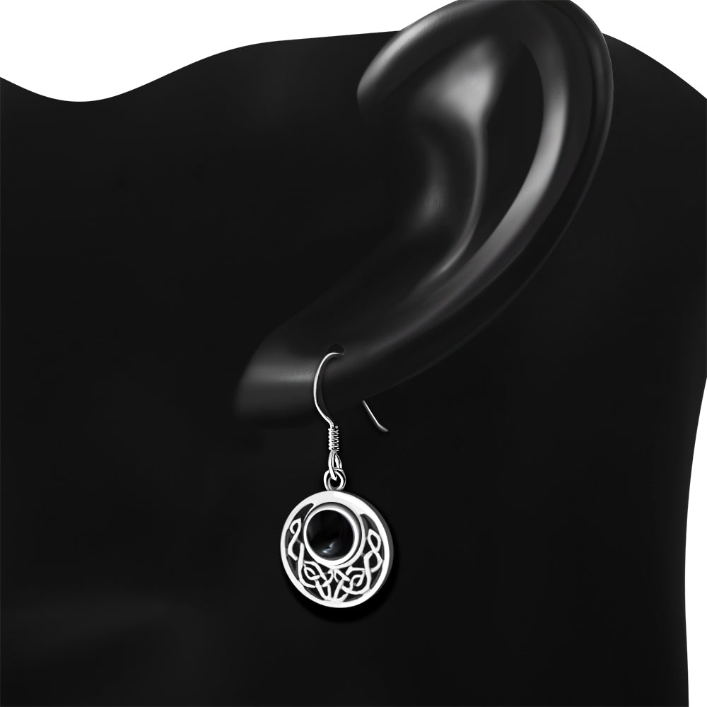 Black Onyx Round Celtic Knot Silver Earrings