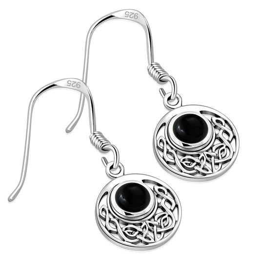 Black Onyx Round Celtic Knot Silver Earrings