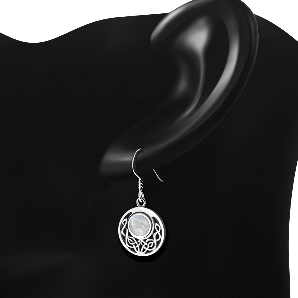 Rainbow Moonstone Round Celtic Knot Silver Earrings