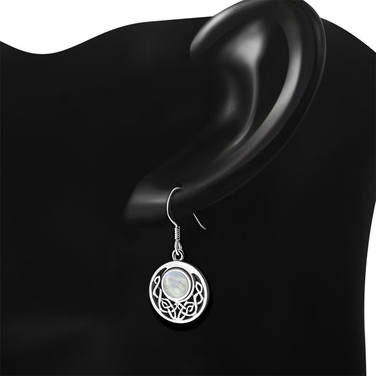 Rainbow Moonstone Round Celtic Knot Silver Earrings