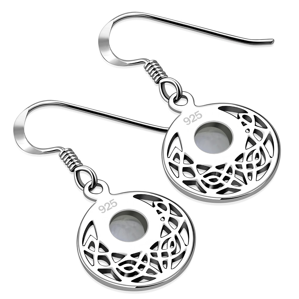 Rainbow Moonstone Round Celtic Knot Silver Earrings