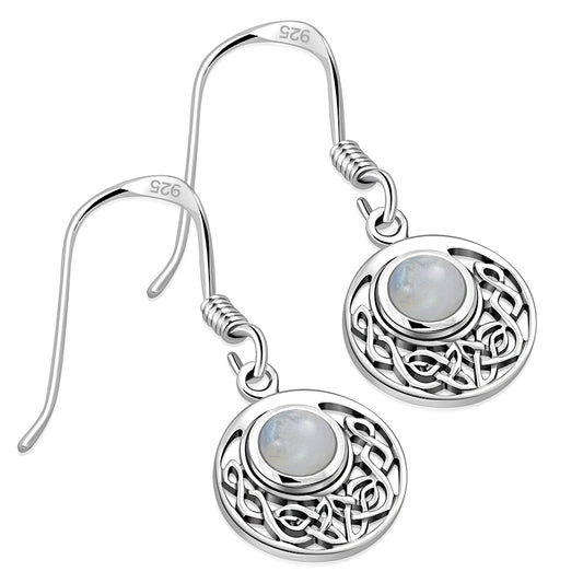 Rainbow Moonstone Round Celtic Knot Silver Earrings