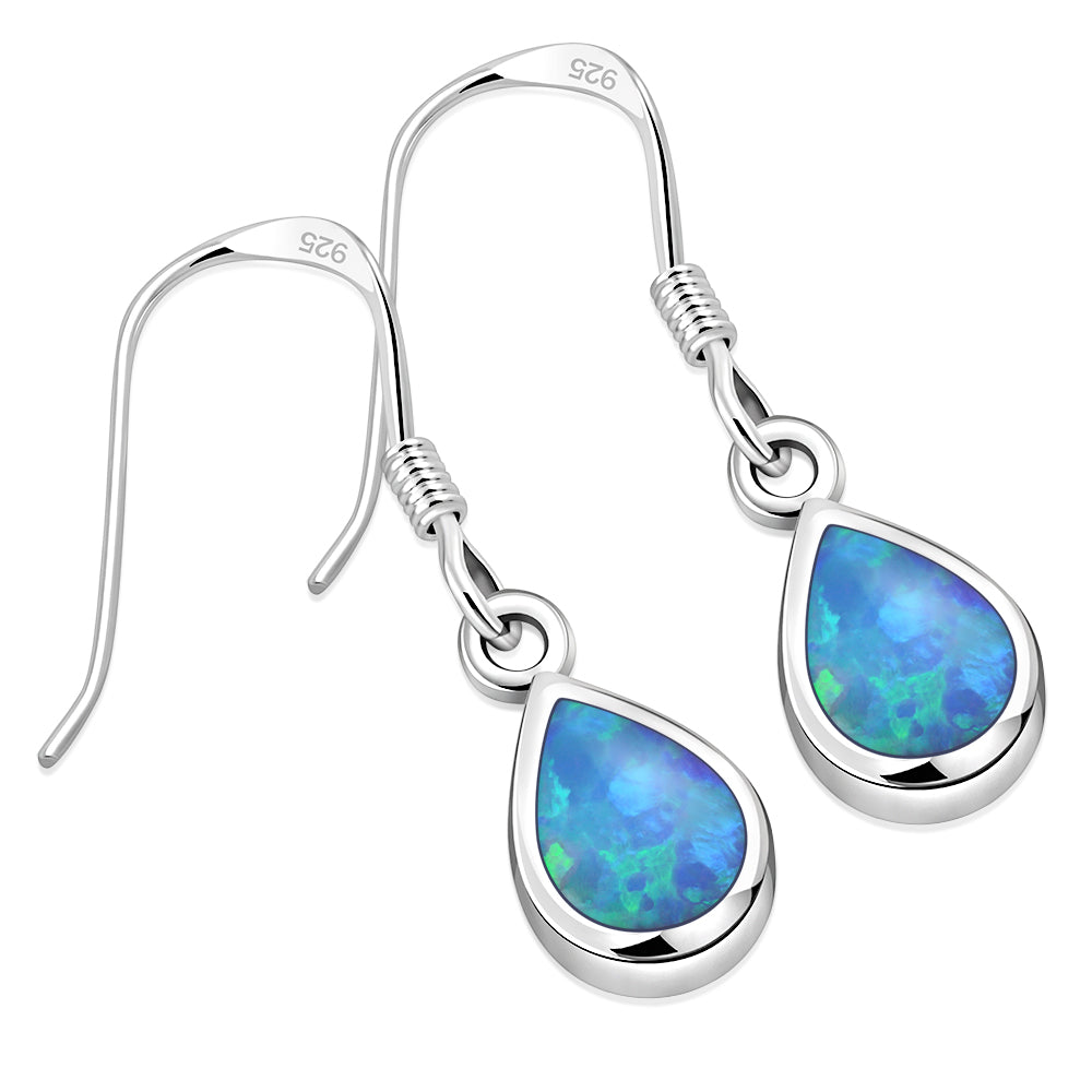 Synthetic Azure Blue Opal Drop Sterling Silver Earrings