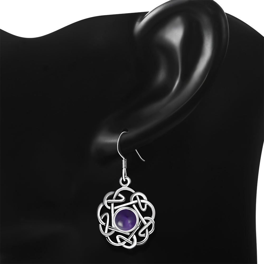 Amethyst Stone Round Celtic Knot Silver Earrings