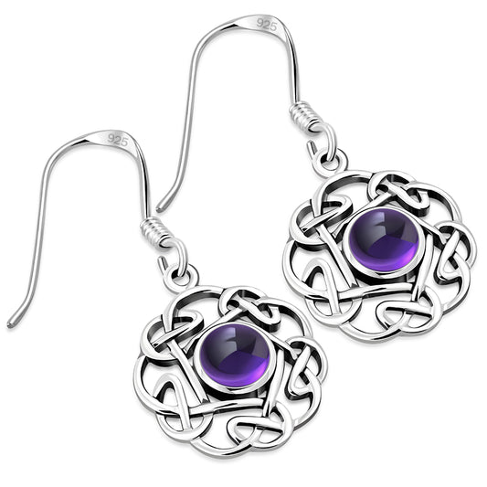 Amethyst Stone Round Celtic Knot Silver Earrings