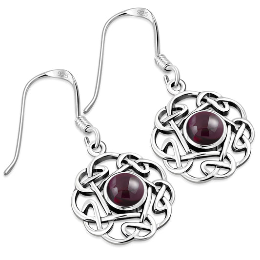 Garnet Round Celtic Knot Silver Earrings