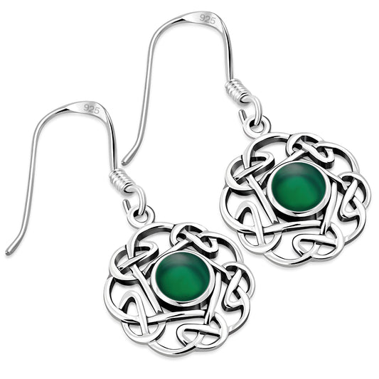 Green Agate Round Celtic Knot Silver Earrings