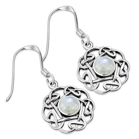 Rainbow Moonstone Round Celtic Knot Silver Earrings