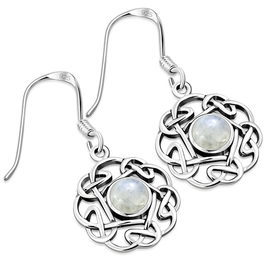 Rainbow Moonstone Round Celtic Knot Silver Earrings