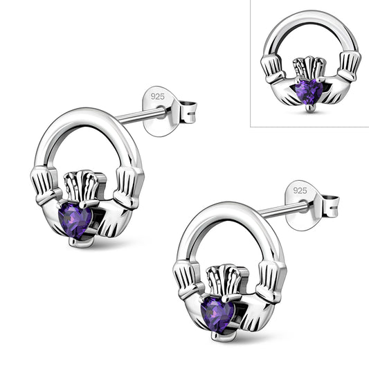 Amethyst CZ Claddagh Stud Silver Earrings