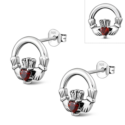 Garnet CZ Claddagh Stud Silver Earrings