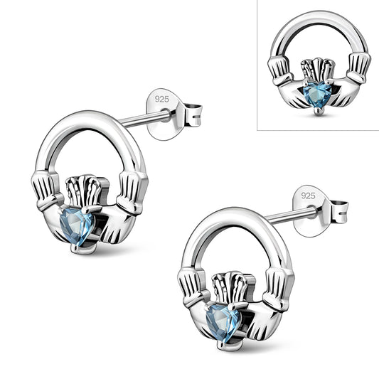 Topaz CZ Claddagh Stud Silver Earrings