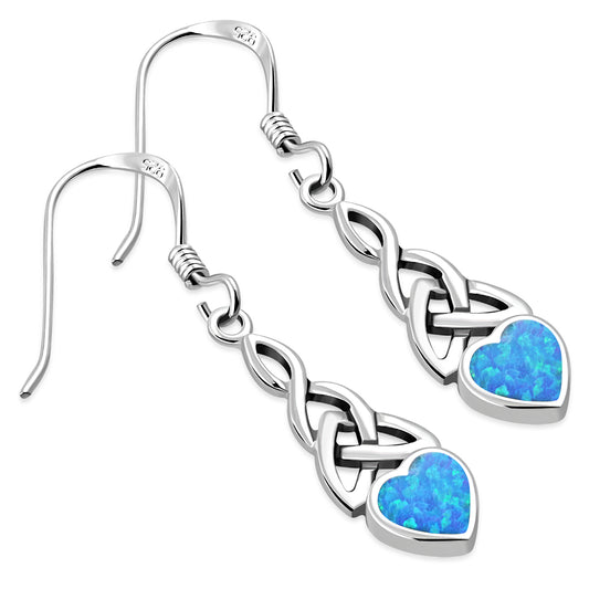 Synthetic Blue Opal Heart Celtic Trinity Silver Earrings