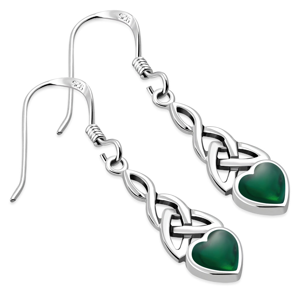 Green Agate Heart Celtic Trinity Silver Earrings