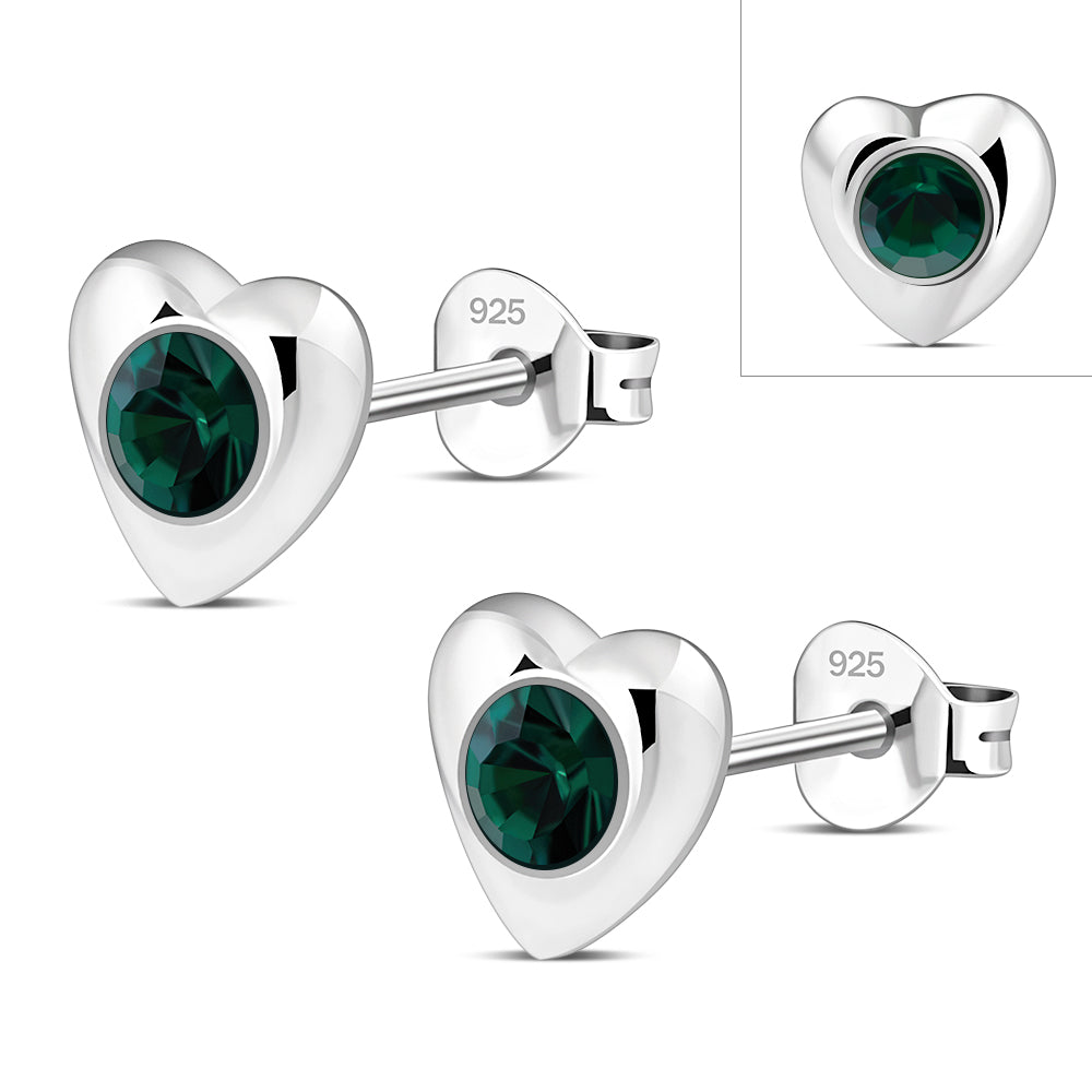 Green Cubic Zirconia Heart Silver Stud Earrings
