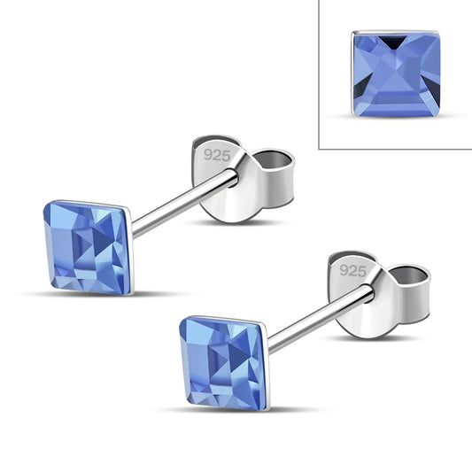 Sapphire CZ Square Silver Stud Earrings