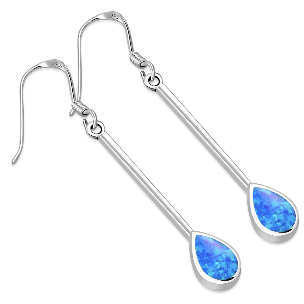 Synthetic Blue Opal Drop Long Sterling Silver Earrings