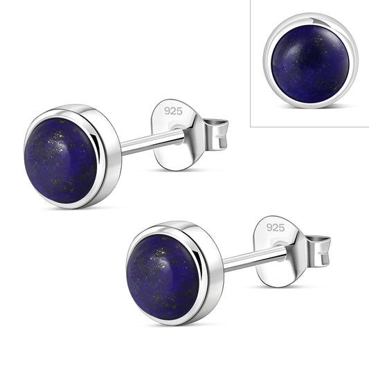 6.50mm | Lapis Lazuli Blue Stone Round Silver Stud Earrings