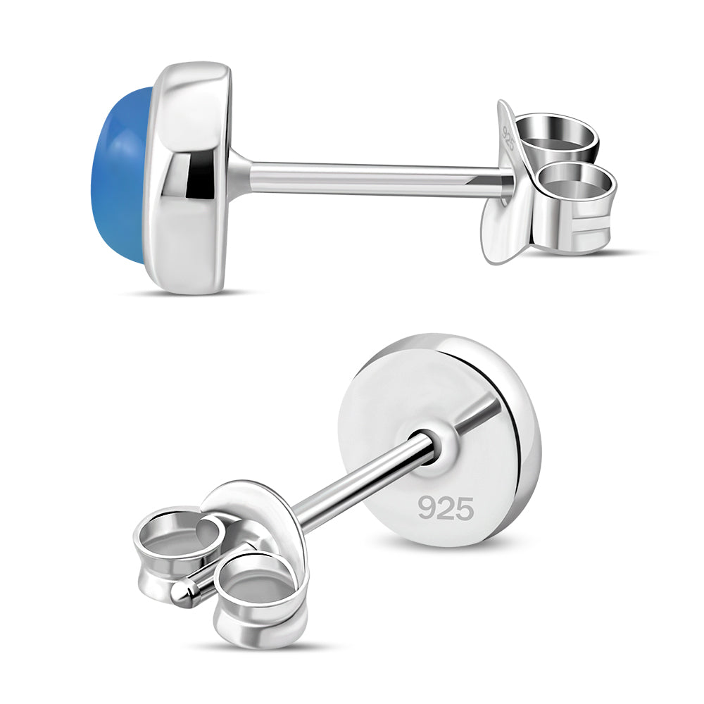 6.50mm | Blue Agate Round Silver Stud Earrings