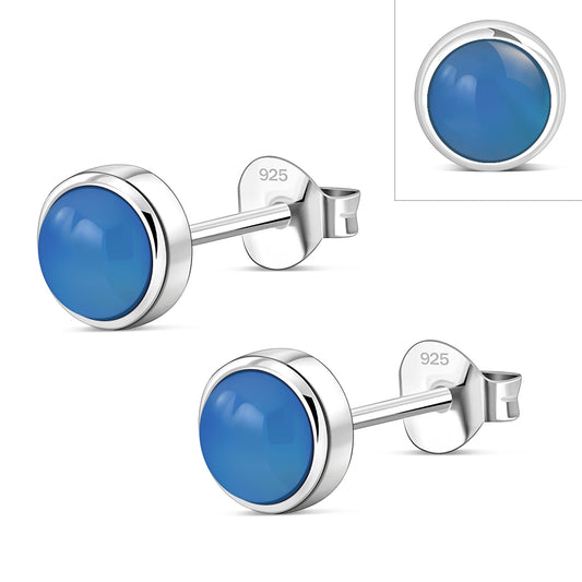 6.50mm | Blue Agate Round Silver Stud Earrings