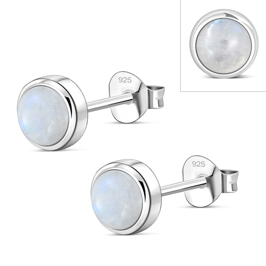 6.50mm | Rainbow Moonstone Round Silver Stud Earrings