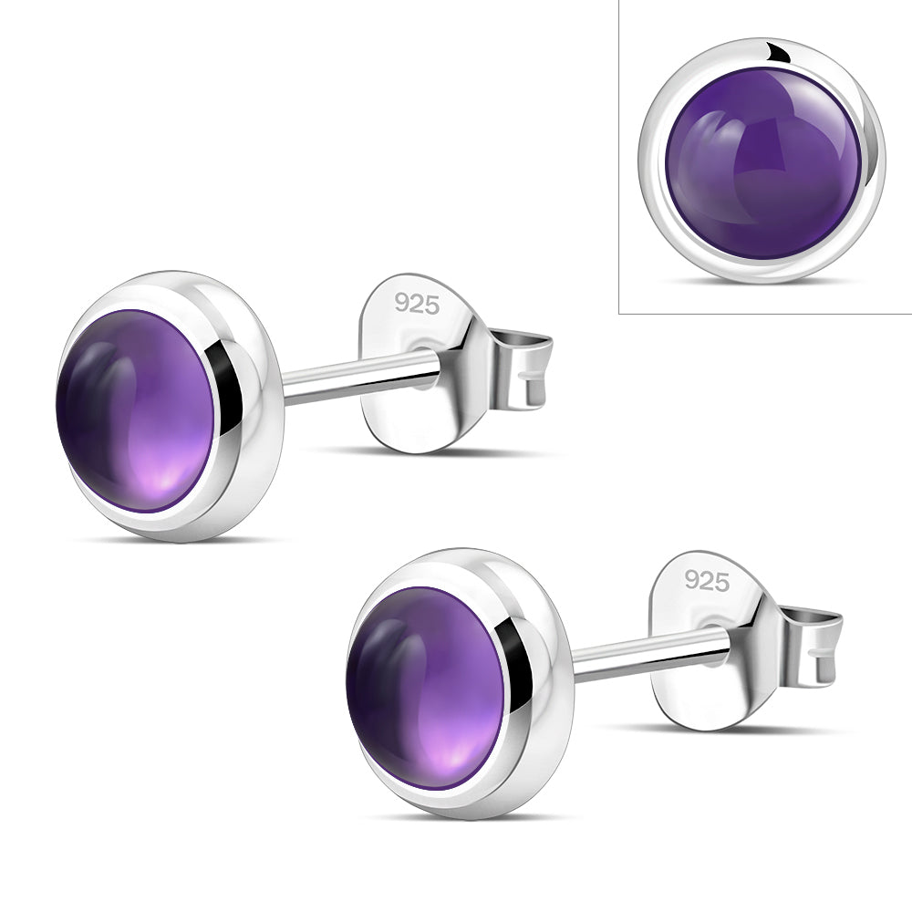 7.50mm | Amethyst Stone Round Sterling Silver Stud Earrings