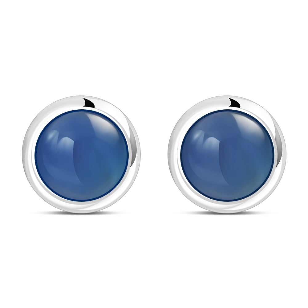 7.50mm | Blue Agate Round Sterling Silver Stud Earrings