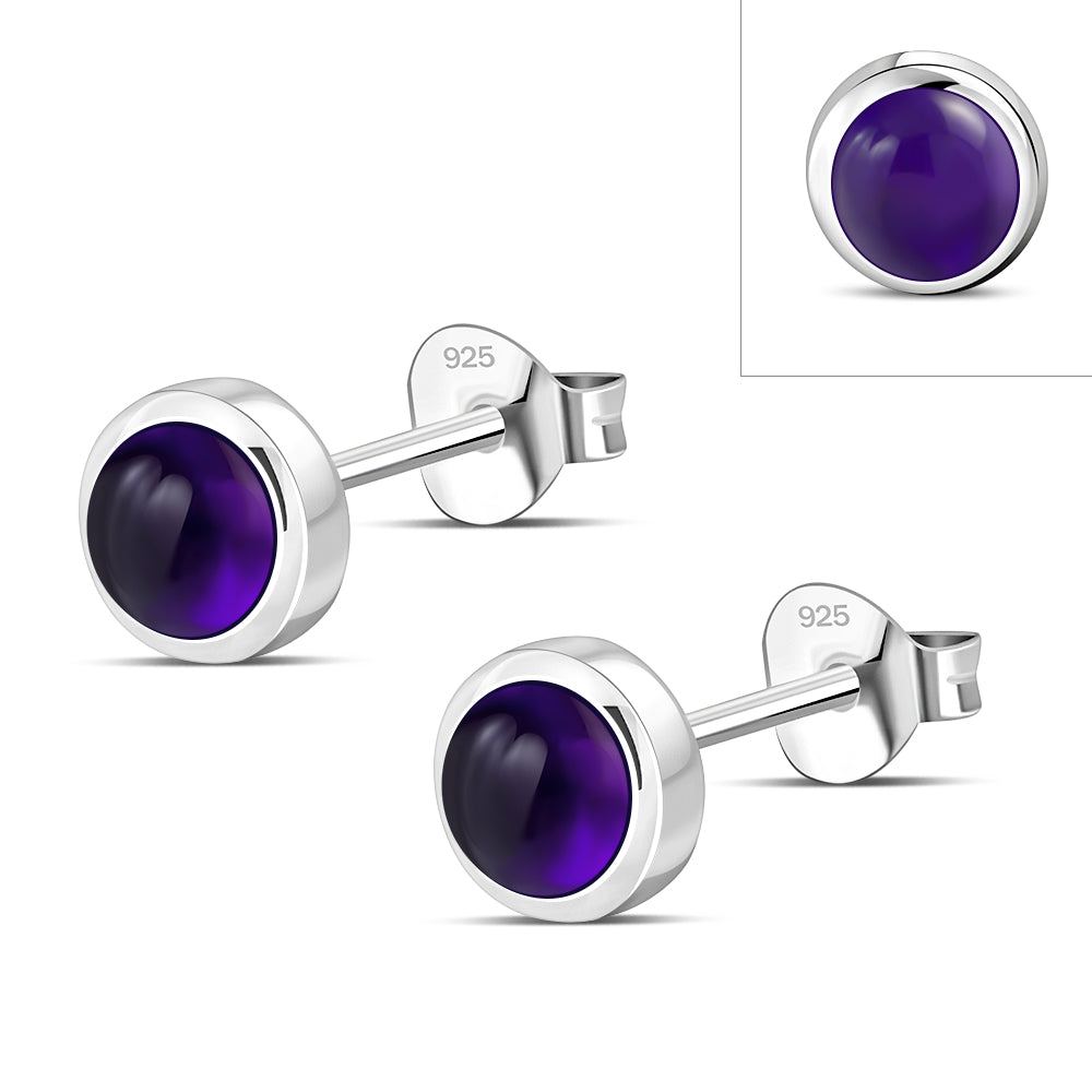5.30mm | Amethyst Stone Round Sterling Silver Stud Earrings